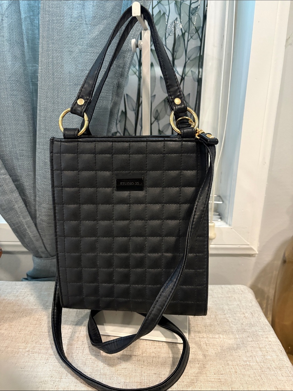 Studio 33 Black Quilted Crossbody Tote with Gold Rings